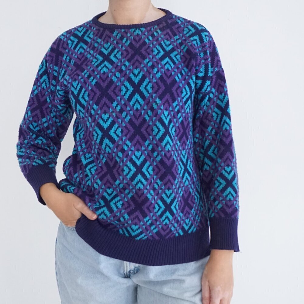 Vintage Primark Purple Blue Knit Geometric Eclectic Crewneck Sweater L